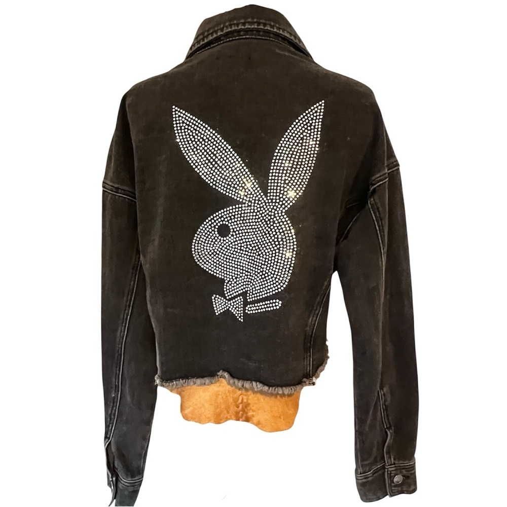 PLAYBOY by PacSun Gray Denim Jacket with Crystal Bunny Design NWOT XS/S